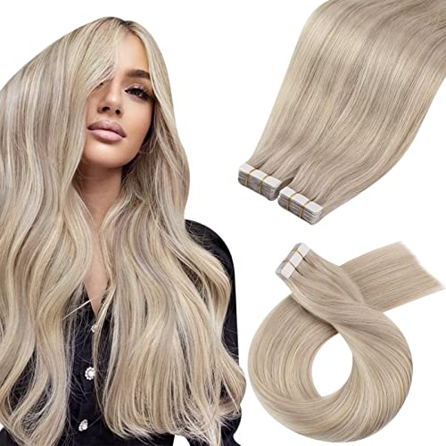 Image of Moresoo Hair Extensions Tape Ash Blonde 22in 40Pcs 100g | Hair extensions tape, added density, long straight strands, platinum dimension for French twists and formal event use