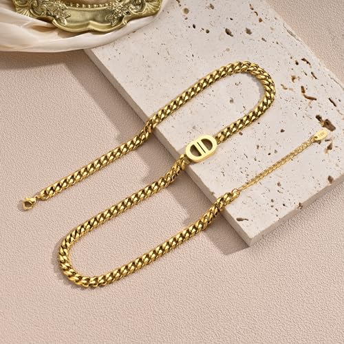 Womens 18K Real Gold Plated Initial Necklace Choker with Double D Letter, 6mm 316L Stainless Steel Diamond-Cut Curb Cuban Link Chain(Custom Box and Pouch Packing for Gift) 6