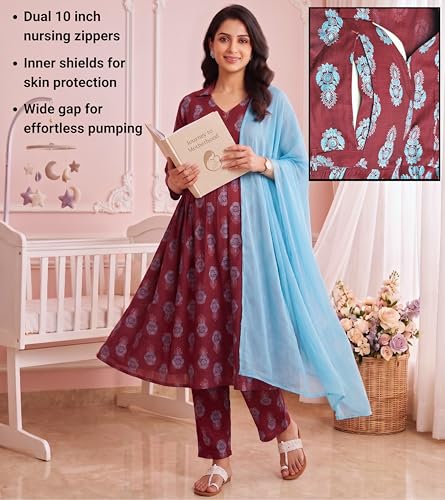 Image of DUMMY SHAPE Maternity Dresses for Women Cotton Rayon | Floral Kurta Pant Dupatta Set with Nursing Zippers to Pre & Post Partum | Feeding Kurtis | Mom to Be Gifts for Pregnant Woman
