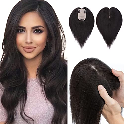 Hairro Human Hair Toppers for Women, 10 Inch Remy Clip in Hair Pieces, 130% Density 3"x5" Silk Base with Free Parting, Virgin Human Hair Wigs for Thinning Hair/Hair Loss/Greyish Hair #1B Natural Black