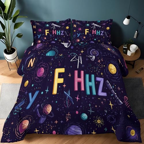 Dibujos Animados Espacio Eslogan Edredón 4 Estaciones, Microfibra Relleno Hipoalergénico Transpirable, Lavable a Máquina sin Funda Reversible 260 x 220 cm para Niños y Adultos Negro
