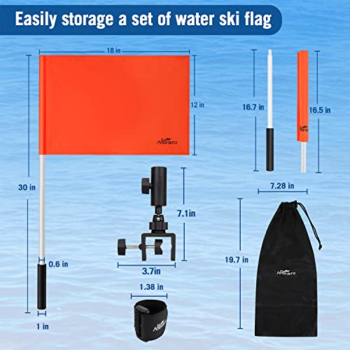 Image of Affordura Orange Boat Flag Holder 30 Inch Water Ski Flag for 0.5-1.33 Inch Round and Pontoon Square Rails Boat Safety Flag Rotating Mount Skier Down Flag with Storage Bag