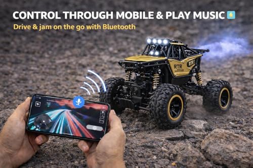 Image of TEC TAVAKKAL 4 * 4 Rechargeable Rock Climber RC Car with Bluetooth Music, Mist Spray & LED Lights | 2.4GHz Off-Road Remote and Mobile Connect Control Car | Dual Motor, Shock Absorber (Gold)