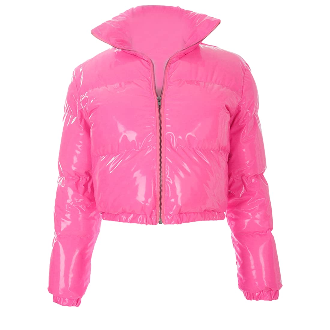 SeekMeWomen's Shiny Cropped Puffer Jacket PU Leather Metallic Quilted Short Down Coat