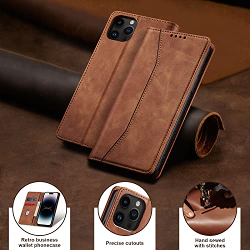 Image of Jasonyu Flip Wallet Case for iPhone 14 Pro 5G,Leather Magnetic Folio Cover with Card Holder,Kickstand - TPU Shockproof Durable Protective Phone Case,Brown