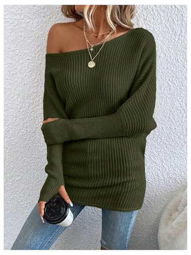 Image of SOLY HUX Sweaters for Women Off The Shoulder Long Sleeve Knit Fall Sweater Pullover Tops Pure Green Small