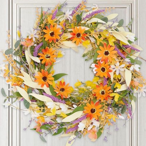 Spring Wreath for Front Door 22 inch, Artificial Spring Summer Door Wreaths with Hook Lavender Wild Flower Wreath Orange Daisy Eucalyptus Leaves All Year Wreath Farmhouse Indoors Outside Home Décor