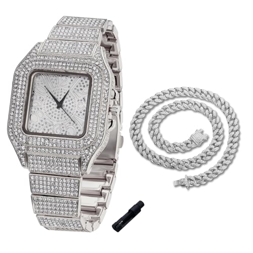 Image of Halukakah Diamonds Watch Iced Out for Boy Teens Kids - 18K Real Gold /Platinum Plated,Arabic Numerals Square Dial,Japanese Quartz - 7.3 inch Length - Optional with Cuban Link Chain - for Birthday,Parties