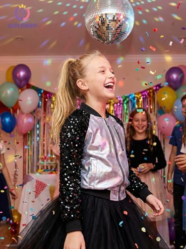 Image of WELAKEN Girls Sequin Sparkle Zip Bomber Jacket | Sequin sleeves, shiny bomber style, ribbed trim, smooth zipper and side pockets for party, dance, school and photos