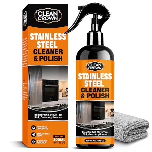 CleanCrown Stainless Steel Cleaner & Polish (10.14 fl oz), Powerful Grill Cleaner Spray for Kitchen, Stove Top, Sink, Oven, Streak-Free Shine, Degreaser, Quick Drying, Includes One Microfiber Cloth