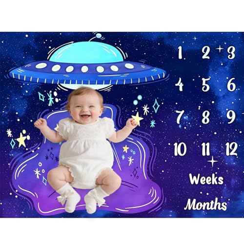 Image of UFO Baby Monthly Milestone Blanket, 48x40in Soft Flannel, Alien Round Spaceship, Newborn Mom Gifts, Baby Shower Age Growth Tracker with Bonus Maker (Purple Blue, 48x40in)