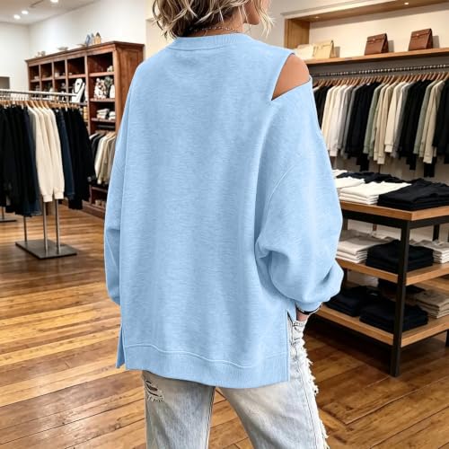 MESSIYO Off Shoulder Tops For Women Fall Cute Long Sleeve Shirts Sky Blue - image 3
