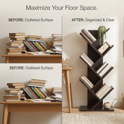 Image of Decazone Tree Bookshelf | Modern Floor Standing Wooden Book Shelf for Living Room | Engineered Wood Bookcase & Display Rack | Space Saving Corner Storage Shelf | Dark Wenge Finish