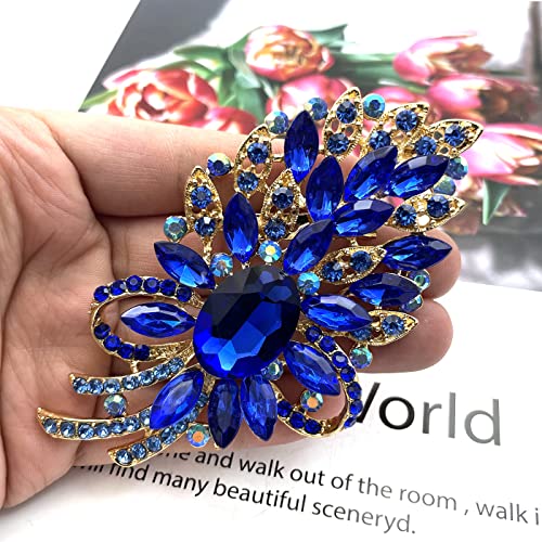 Image of YOQUCOL Vintage Blue Austrian Crystal Rhinestone Leaf Shape Big Large Brooch Pin for Women Girls