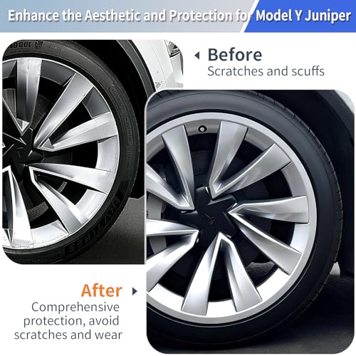 Image of Tesla Model Y Juniper 2026 Rim Protectors 4-Pack for 20 Inch Helix 2.0 Wheels, Gloss Silver Wheel Rim Guards, Snap-On Design, Dual-Clip Locking System, Hides Existing Curb Rash & Scratches