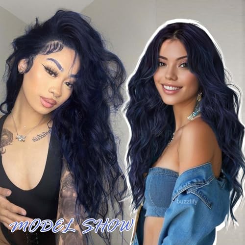 Image of AISI HAIR Dark blue Wigs for Women, Long Wavy Lace Hairline Middle Part Synthetic Heat Resistant Wig for Daily Party-26 Inch