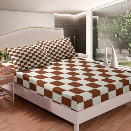 Image of Erosebridal Plaid Bed Sheets Full Beige Caramel Brown Checkerboard Bedding Geometric Checkered Sheet Set for Kids Boys Girls, Aesthetic Grid 1 Fitted Sheet 1 Flat Sheet 2 Pillow Cases