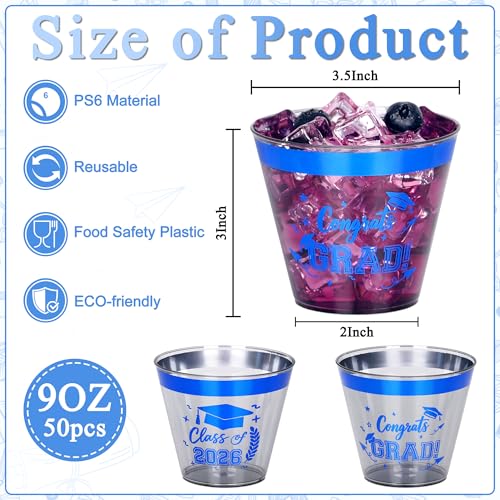 Image of 50 Pack 9 oz Graduation Cups,2026 Blue and Black Graduation Plastic Cups,Blue and Black Disposable Congrats Grad Party Cups for Class of 2026 Decorations School Party Favors Supplies