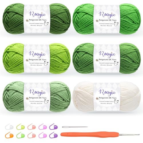 Renyiz Lot de 6 pelotes de laine pour crochet de 50 g (60 % coton, 40 % acrylique) avec crochet de 2,5 mm et accessoires supplémentaires, idéale comme laine...