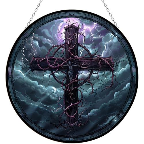 365CUSGIFTS Halloween Cross Jesus Stained Glass Window Hanging Sun Catcher Halloween Haning Ornament Decoration Christmas Birthday Gifts for Lover and Friends