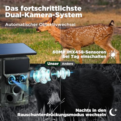VOOPEAK Duales Objektiv Solar Wildkamera WLAN 4K 30FPS 60MP, Sternenlicht Nachtsicht Wildtierkamera...