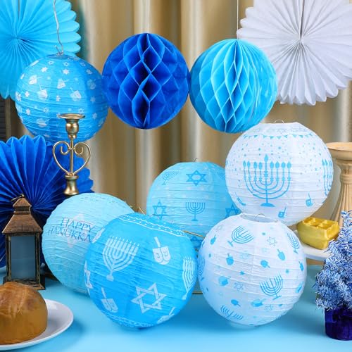 Image of Retisee 18 Pcs Hanukkah Party Decoration Happy Hanukkah Paper Lanterns with Candlestick Dreidel Blue White Hanging Paper Fans Honeycomb Balls Chanukah Home Ornament for Jewish Party Decor