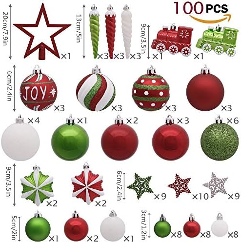 Valery Madelyn 100pcs 3-13cm Shatterproof Christmas Baubles,Country Red Green and White Christmas Ball Ornaments for Christmas Tree Decorations