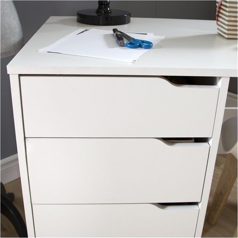 Levan Home Sewing Craft Table on Wheels, 58.12" W x 23.62" D x 29.62" H, Pure White Finish, Scratchproof Water-Resistant Top, Sliding Storage Shelf, 3 Drawers, Casters with Stops, Versatile Sewing or