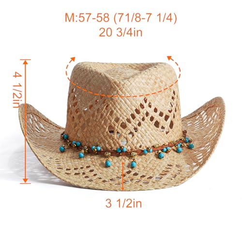 Image of Men's Cowboy Hats Summer Women Beach Cowgirl Hat Raffia Unisex Western Sun Hat