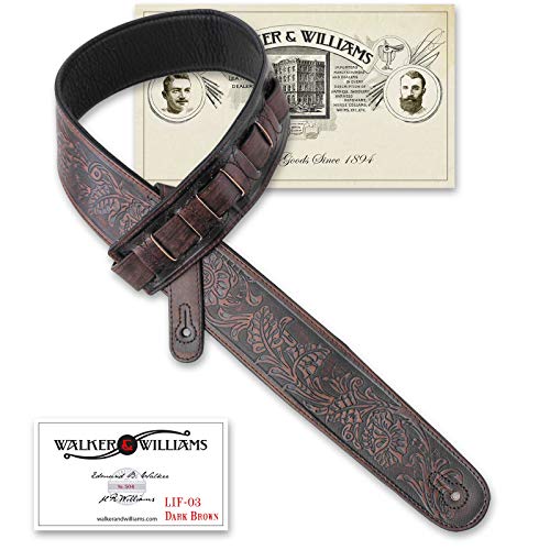 Walker & ‿Williams LIF-03 Sangle rembourrée pour guitare Marron foncé avec outils en chêne - Les Beatles, Paul McCartney, John Lennon, RIngo Starr, George Harrison Walker & ‿Williams LIF-03 Sangle rembourrée pour guitare Marron foncé avec outils en chêne