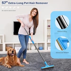 Updated Pet Hair Removal Tool, CEARKTIY Carpet Rake for Pet Hair Removal, 57” Adjustable Pet Hair Remover Broom, 2 in 1 Rubber Broom & Carpet Brush Scraper for Rugs, Mats, Couch (Long Handle)