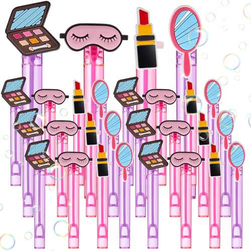 RoundFunny 24 Pcs Makeup Party Favors Spa Theme Bubble Wands Bulk Pink Bubbles Favors for Pink Girls Kids Baby Spa Themed Birthday Party Supplies Decorations