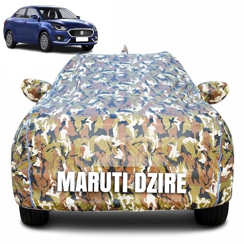 Image of 100% Waterproof Car Body Cover for Maruti Suzuki Swift Dzire (2017-2024) Mirror Pocket (Heat & UV Resistant, Triple Stitched, Soft Lining, Bottom Elastic & Piping) Camouflage, Military Print