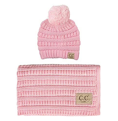 Image of Funky Junque Large Soft Warm Lightweight Baby Throw Blanket with Matching Beanie Bundle for Toddler Bed, Strollers, Naps, Daycare Preschool - Ribbed Knit - SINGLE POM - Pale Pink