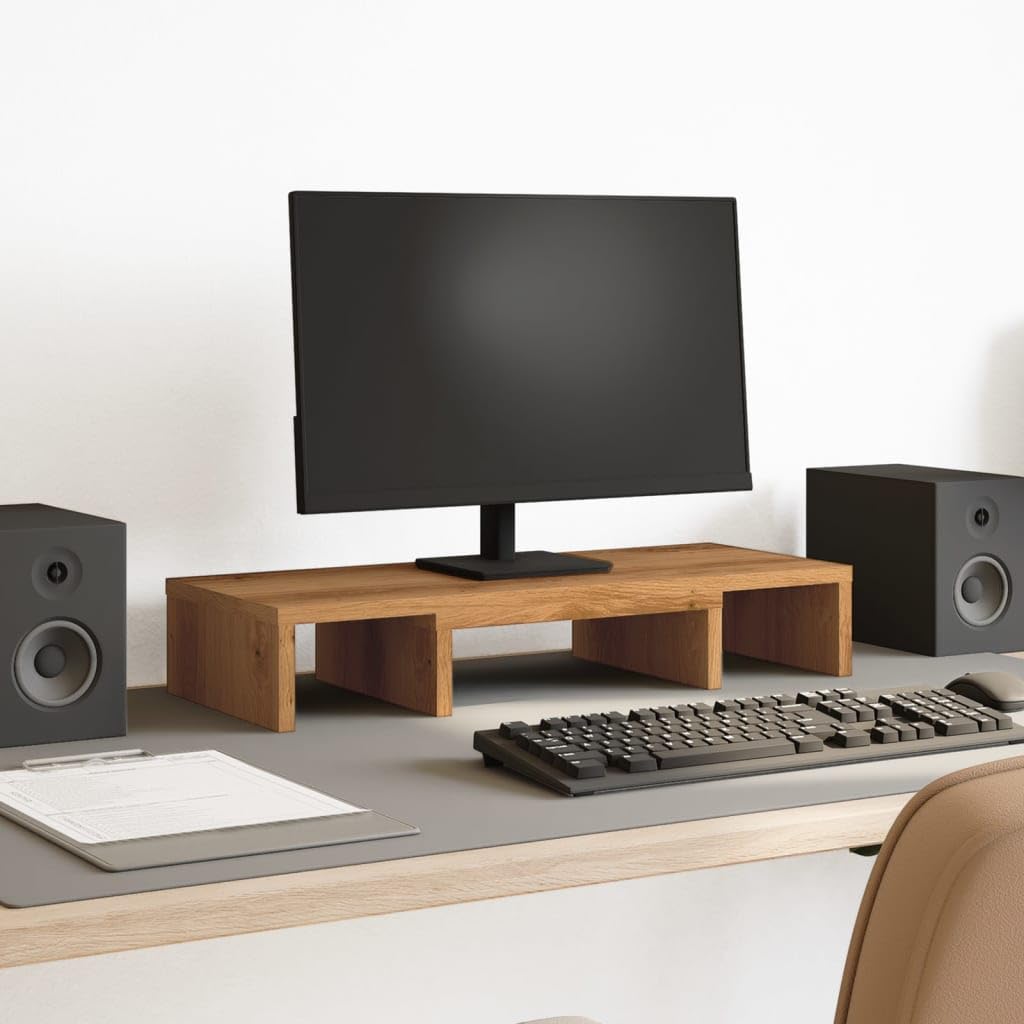 Supporto per monitor regolabile in rovere Artisan, 60 x 24 x 10,5 cm, in legno, per due monitor, altezza regolabile, organizer da scrivania per ufficio, home office e gaming