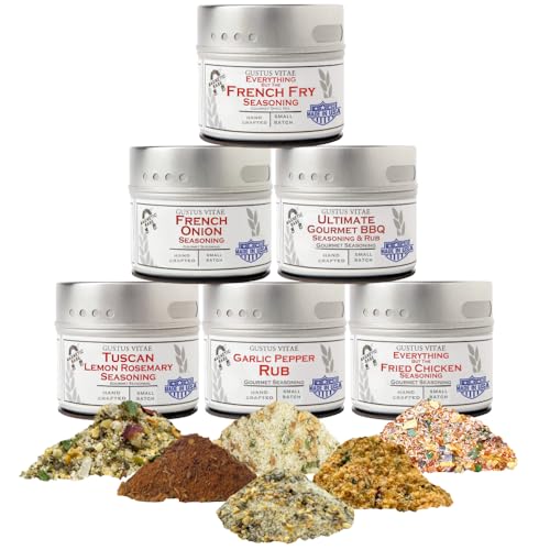 Gourmet World Flavors Seasoning Collection | Non GMO Verified | 6 Magnetic Tins | Spice Blends | Crafted in Small Batches by Gustus Vitae | #68
