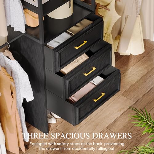 DWVO Closet Organizer System with Drawers, Heavy-Duty Arched Closet System with 4 Expandable Hanger Rods, 4 Shelves and 3 Drawers, Adjustable Walk-In Garment Rack for Bedroom Cloakroom