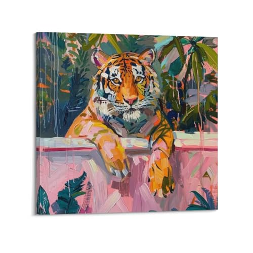 Tableau tigre fond rose QXYUIN toile artistique haut de gamme encadrée 50 cm