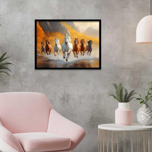 Image of HOTHOUSE Seven Running Vastu Lucky Horse and Rising Sun Painting | 7 Horses Vastu Frame Wall Art Painting for Living Room Bedroom Office Home Decor Wall Decor Size (13X17 inch)