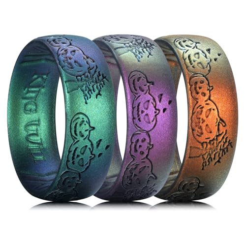 King Will Silicone Wedding Band for Men Women- 1.8mm Ultra Thin Ring with Pumpkin Pattern 3 Packs | Comfort Grip Inner Design | Hypoallergenic Rubber Ring for Gym Work Travel Size 7