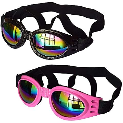 2 Stück Hundebrille, Verstellbarer Riemen, Hundebrille, Schutz für Reisen, Skifahren, UV-Schutz, wasserdichte Sonnenbrille für Hunde (schwarz, rosa) Cover