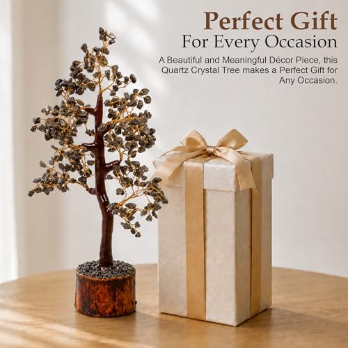 Image of Smoky Quartz Gemstone Tree Decor for Home & Office | Healing Crystal Bonsai Tree with Wooden Base | Vastu Feng Shui Protection, Grounding & Positive Energy Showpiece