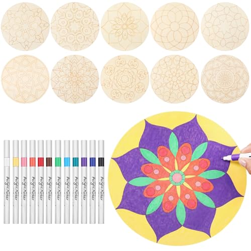 Kit peinture mandala en bois de 22 pièces avec marqueurs colorés pour loisirs créatifs