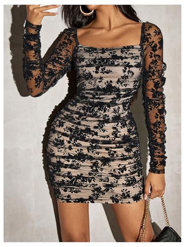 Image of Floerns Women's Sequin Mesh Long Sleeve Square Neck Ruched Mini Bodycon Dress