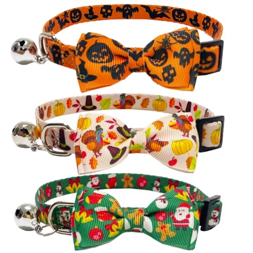 3 Pack Halloween Thanksgiving Christmas Cat Collar with Bow Tie a...
