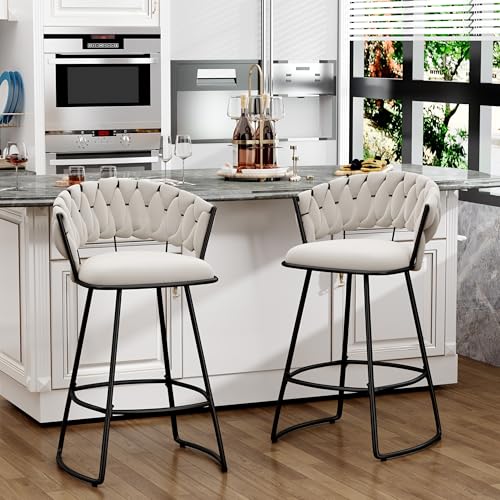 Butacos de Barra Modernos Yongchuang, Set de 2 Unidades, Asiento Grande Tapizado en Terciopelo, Espalda Tejida, Altura para Isla de Cocina, Color Marfil miniatura 7