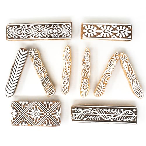Image of Wooden Indian Traditional Design Printing Stamps /Blocks for Printing Saree Border /Dresses /Craft Card Making /Scrapbook /Clay Pottery (Set of 10)