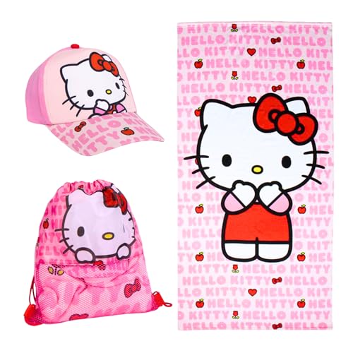 Hello Kitty Gorra de Beisbol Toalla y Mochila Saco Cordón, Set 3 Piezas Infantil, Regalo de Verano Playa Piscina Excursiones para Niñas