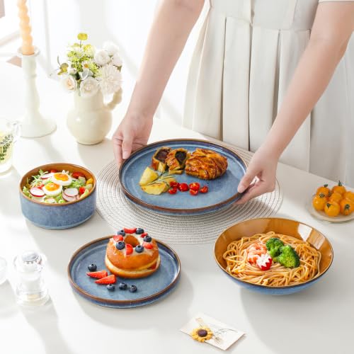 Image of ONION Ceramic Plates and Bowls Sets for 6, 24 Pieces Stoneware Dinnerware Sets for Kitchen, Reactive Glaze Dish Set, Dishwasher and Microwave Safe, Blue