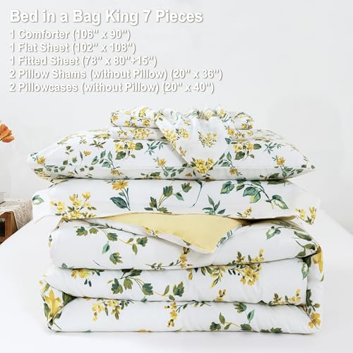 Image of lasoftan Floral King Comforter Set with Sheets, 7 piece Luxury Vintage Bedding, Soft Microfiber Bed in a Bag, Cozy Lightweight Bed Set, Yellow Flower Green Leaves